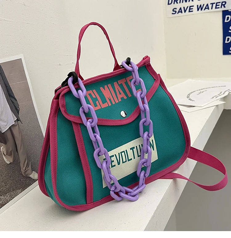 Canvas Women's Shoulder Bag Chain Casual Totes Contrast Color Ladies Crossbody Bag Trend Letter Print Fashion Designer Handbags