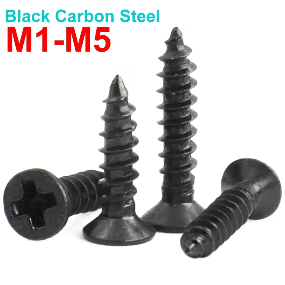 Self Tapping Screw M1 M1.2 M1.4 M1.5 M2 M2.6 M3 M3.5 M4 M5 Cross Black Carbon Steel Phillips Countersunk Flat Head 100/50/20pcs