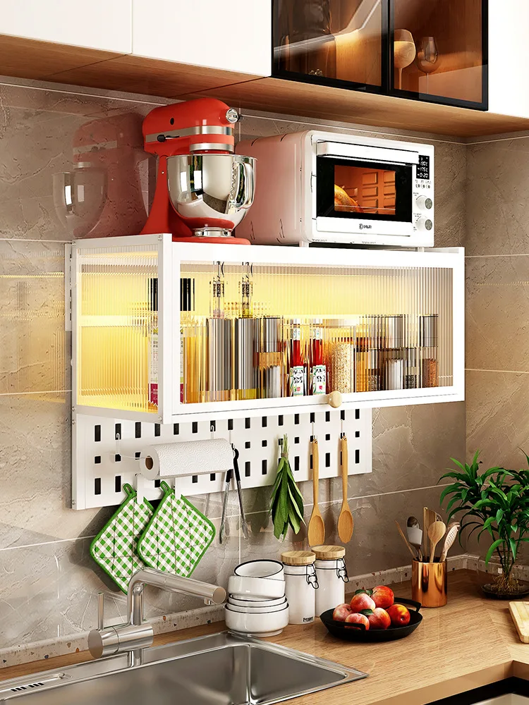 

Dust-Proof Punch-Free Wall-Mounted Kitchen Microwave Oven Storage Rack Hanging Cabinet Lower Seasoning Pot Multi-Functional Stor