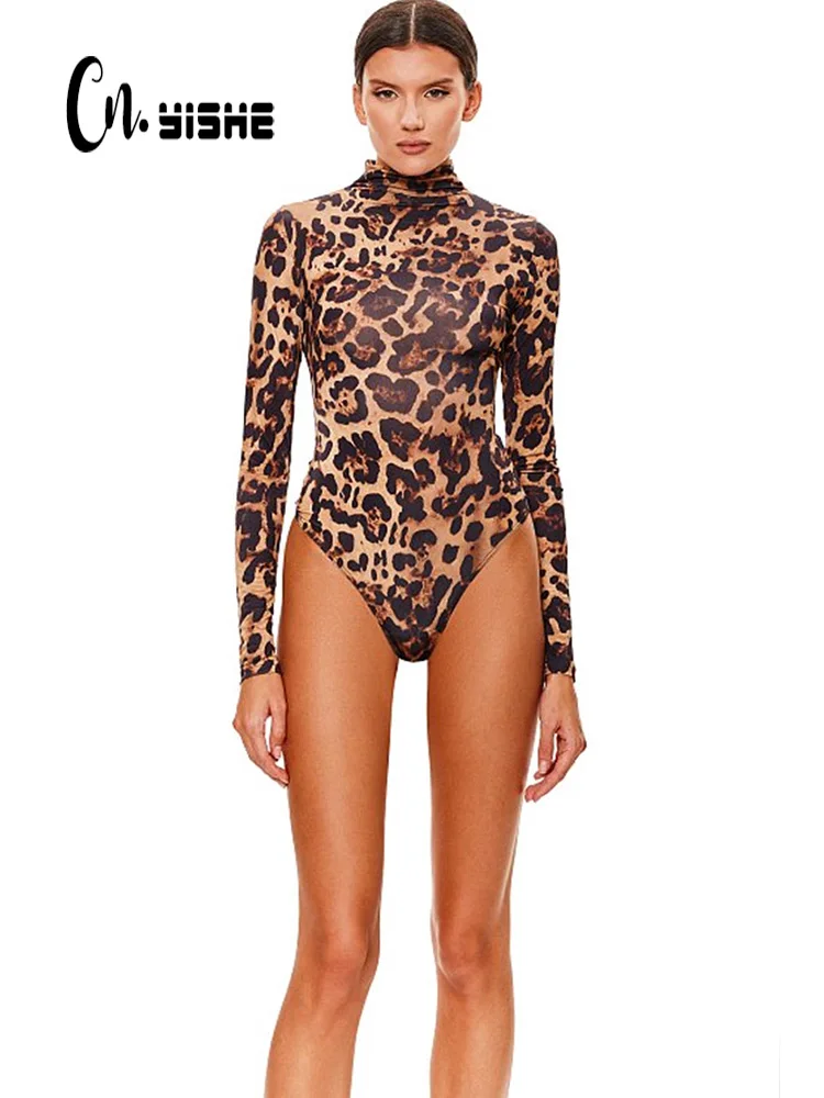 

CNYISHE Casual Leopard Sexy Club Party Women Bodysuits Turtleneck Long Sleeve Streetwear Slim Regular Jumpsuits Female Tops Tees