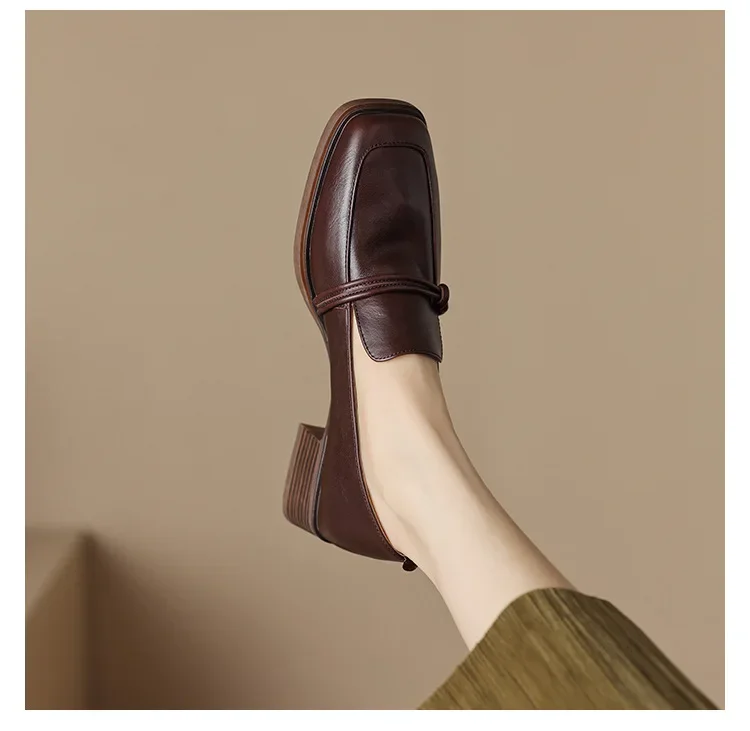 Classic Loafers Women Genuine Cow Leather Square Toe Pumps Slip-on Retro Lady Casual Cozy Shoes Handmade