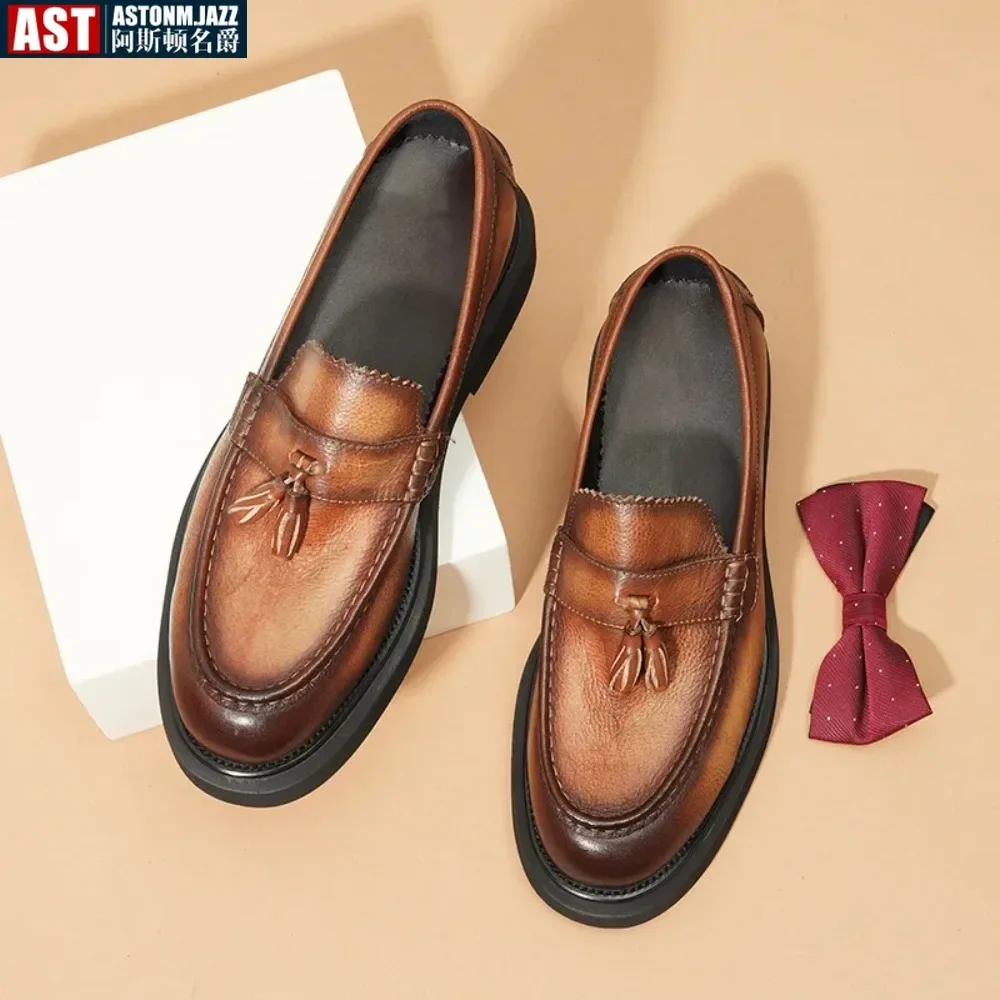 Soft Leather Elegant Mens Dress Loafers Shoes Platform Luxury Genuine Leather Summer New Black Wedding Social Formal Shoes Man