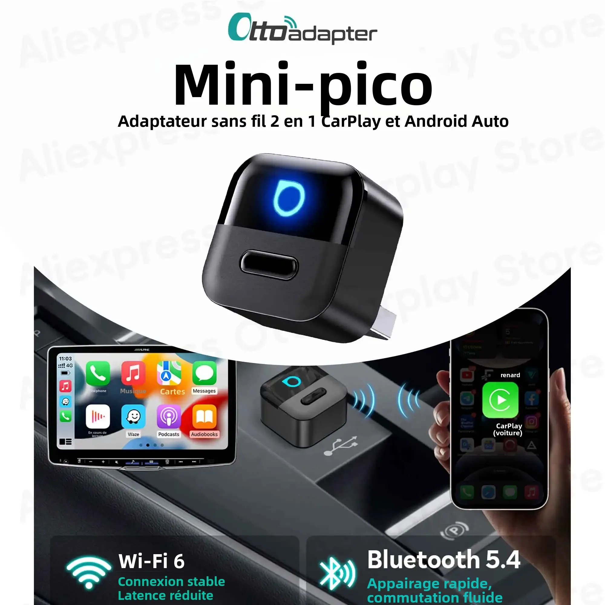 Adaptateur Ottocast 2 en 1 Mini Pico avec bouton intelligent, dongle sans fil CarPlay Android Auto pour iPhone, téléphone Samsung
