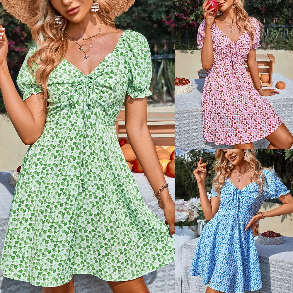 

V-neck Sexy Temperament Dress 2023 Summer Bubble Sleeved Women's Clothing