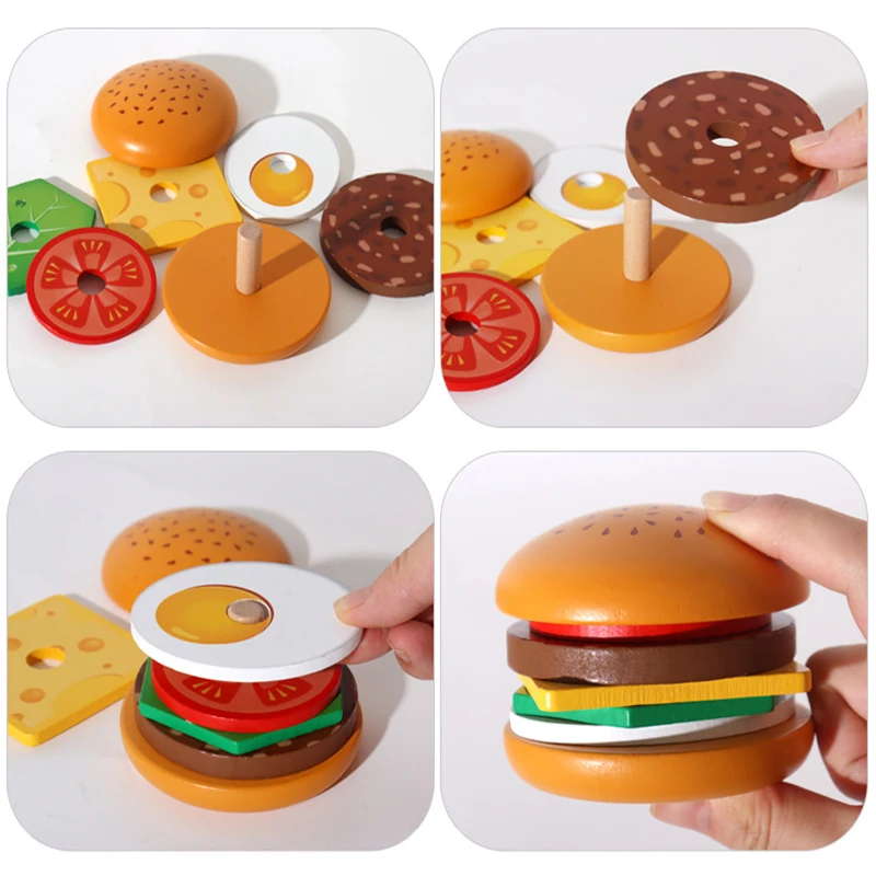 Giocattolo Hamburger In Legno Impilabile Montessori - Set Cibo Per Bambini 3-5 Anni Con Carte Ordine - 2