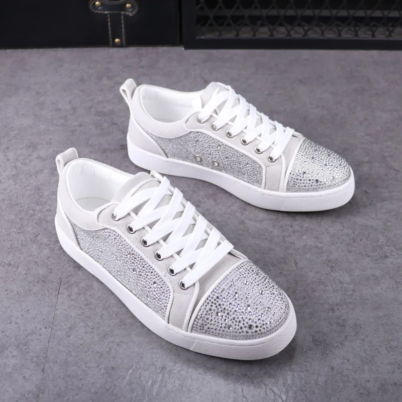 New Designer Fashion Men's Charm Rhinestone Black White Lace Up Shoes Male Causal Flats Moccasins Walking Sneakers 5