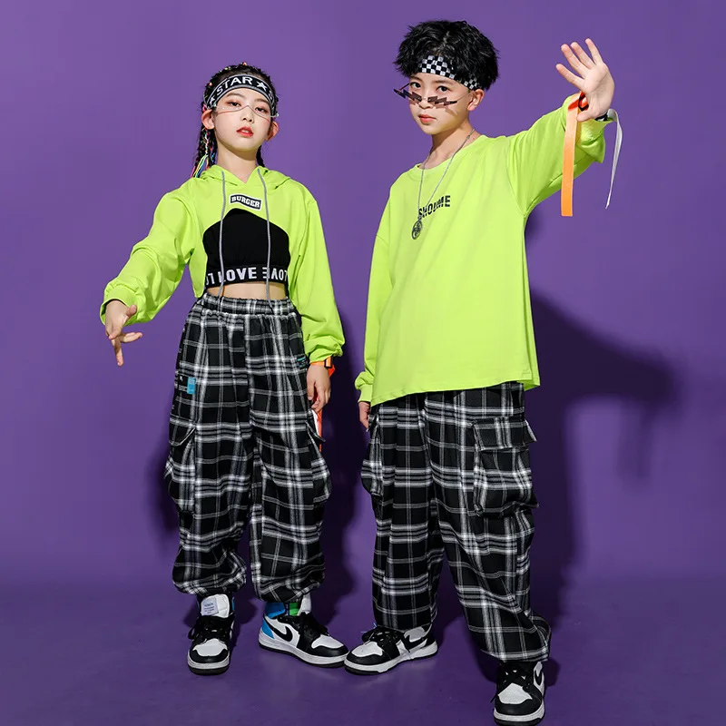 

Boys Hip Hop Hoodies Loose Plaid Joggers Pants Girls Sweatshirt Street Dance Clothes Set Child Crop Top Streetwear Kids Costumes