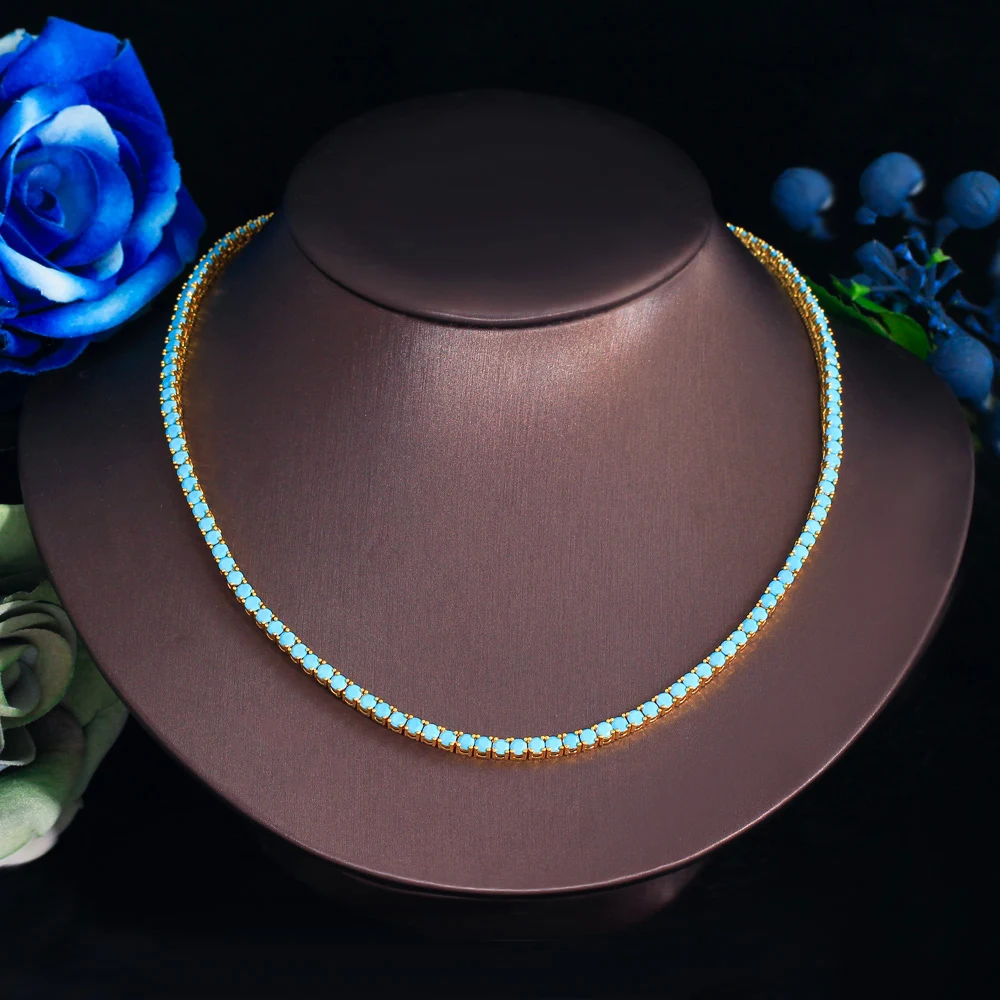 

ThreeGraces Fashion 3mm Blue Turquoises Cubic Zirconia Gold Color Round CZ Tennis Chain Necklace for Women Party Jewelry PN206