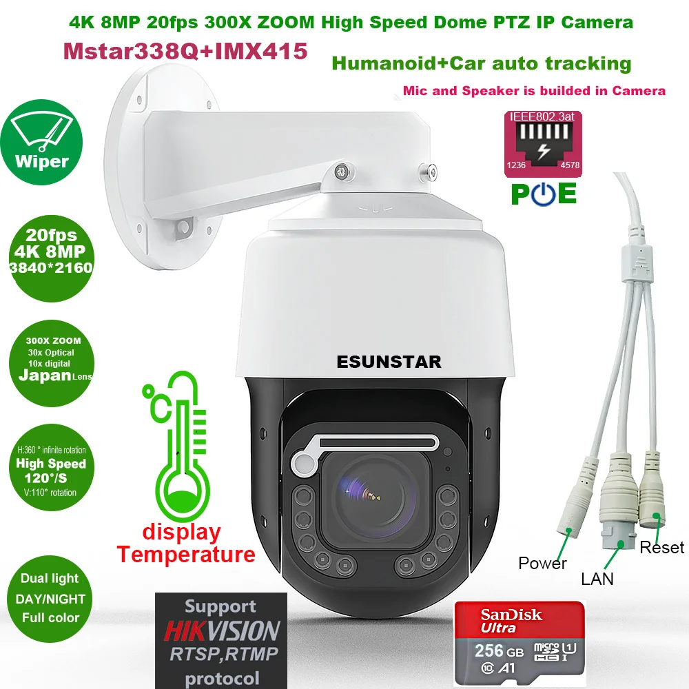 IMX415 4K 8MP 30fps 300X ZOOM POE temperature display RTMP High Speed dome PTZ Wiper IP Camera ONVIF Absolute move Hikvision 12mp 4k poe with wiper high speed dome ptz wifi ip camera outdoor ai human tracking wireless camera rtsp 990x zoom color camera