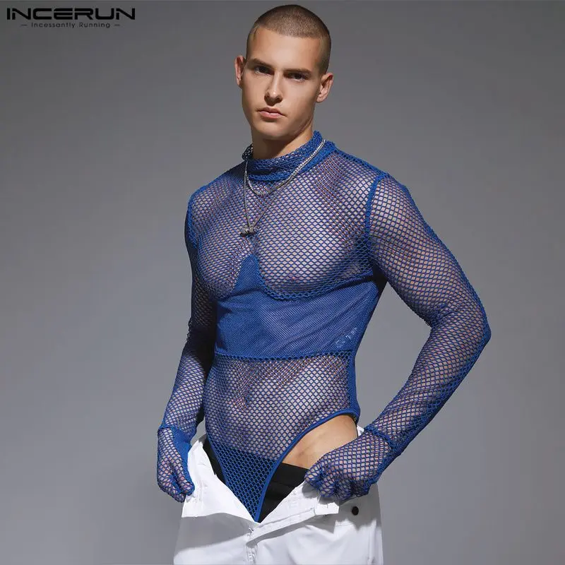 

INCERUN 2023 Sexy Men's Jumpsuits Mesh Panel Elastic Half High Neck Bodysuits Thin See-through Thimble Long Sleeve Rompers S-3XL