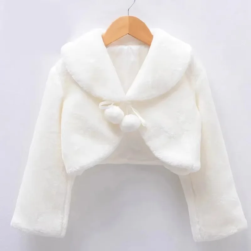 Girls Princess Plush Jackets Children Thicken Wedding Birthday Party Coats Kids White Shawl Cape New Warm Long Sleeves Clothing