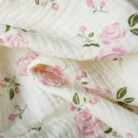 135x50cm Pure Cotton Pink Rose Flower Printed Double-layer Crepe Fabric, Making Kids Blanket, Pajamas DIY Clothing Fabric