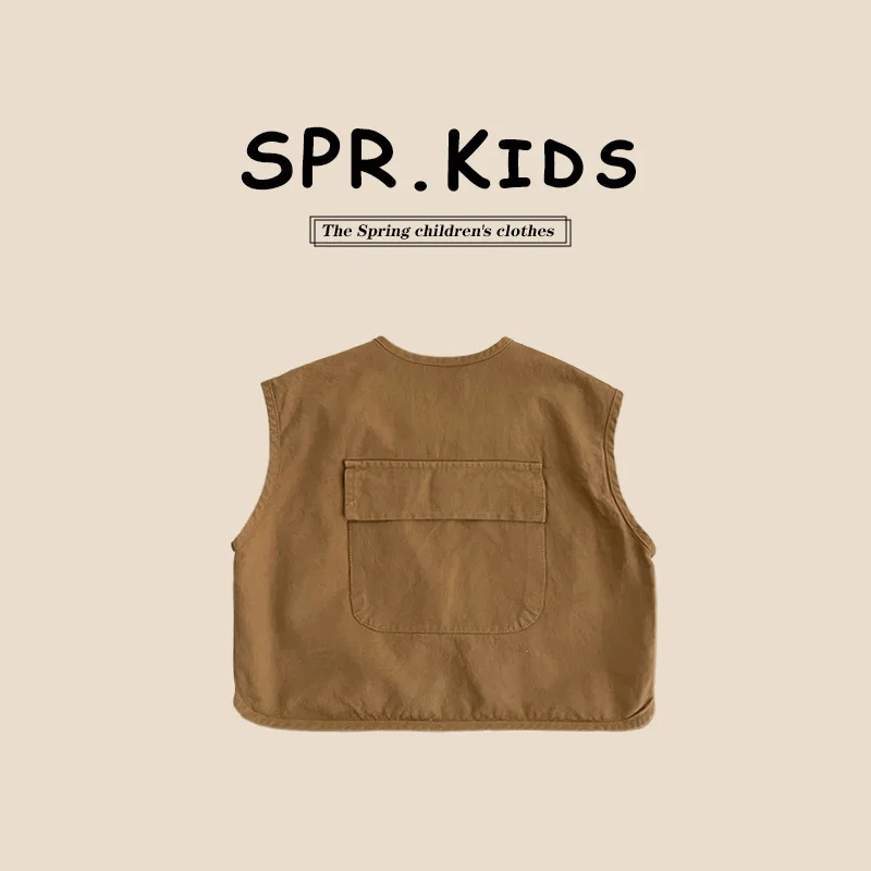 Spring Children Boy Cardigan Vest Cotton V-collar Sleeveless Young Kid Boy Top Solid Zipper Retro Casual Baby Tank Coat