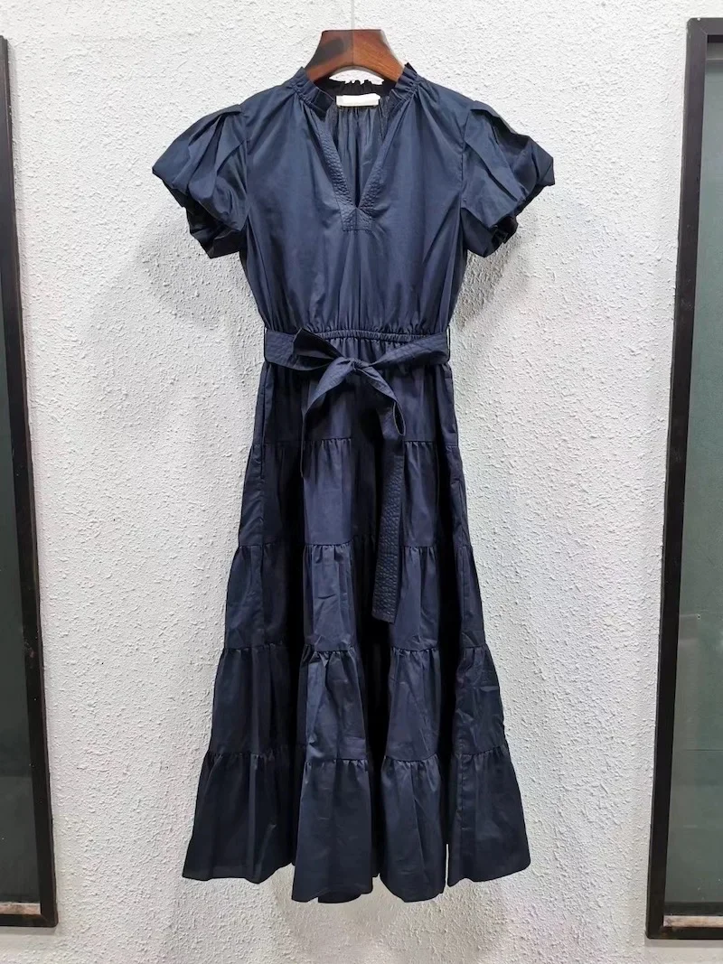 

Women V-Neck Slim Waist Lace-up Short Sleeve 100% Cotton Dark Blue Midi Dress