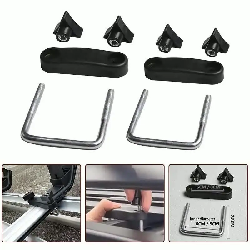 U Clips Car Van Mounting Fitting, 4PCS Universal Roof Box U-Bolt Clamps,Cargo Carrier Roof Rack Bracket,85mm Internal Width, With 2 Straps For Roof Box Hardware