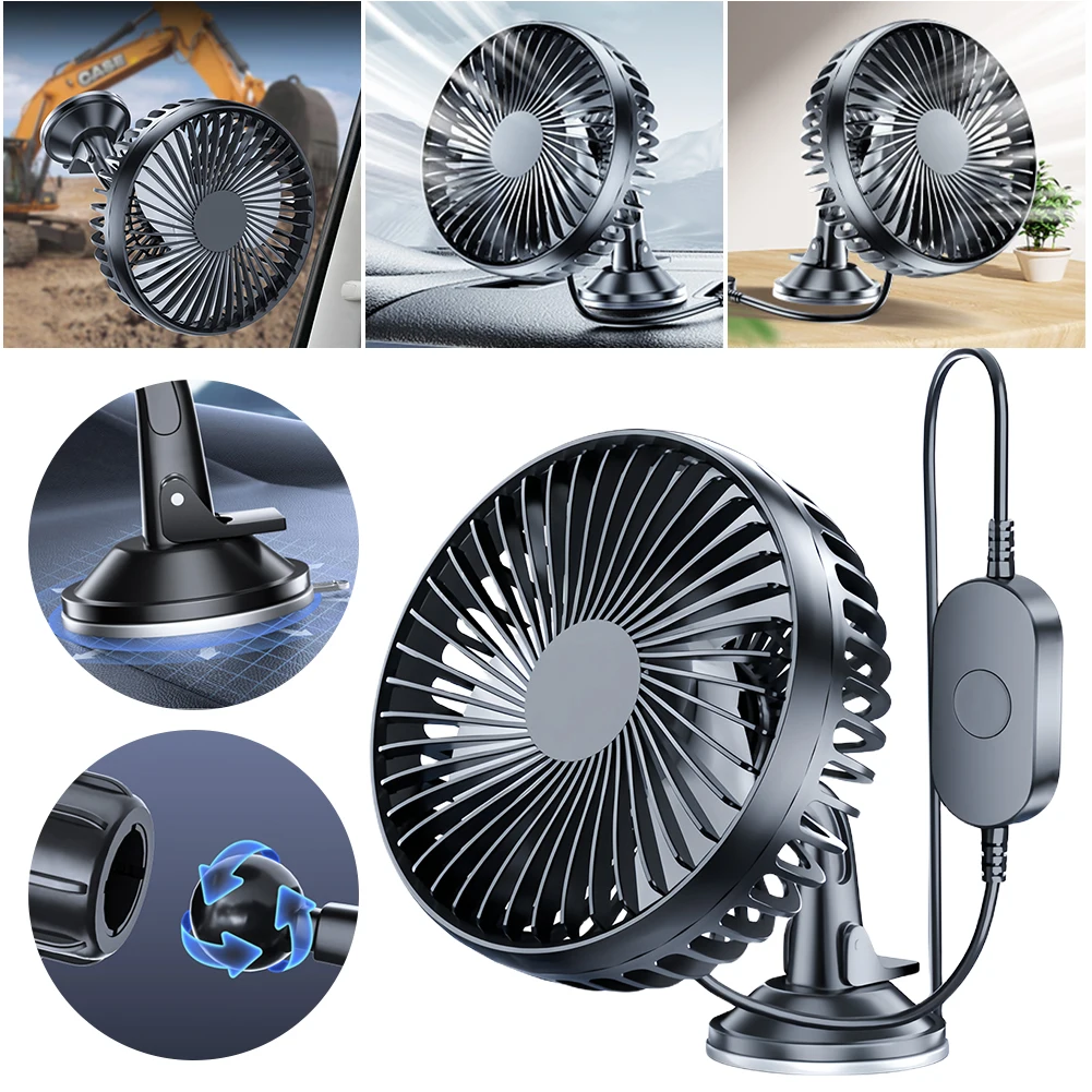 Car Air Fan 360 Degree All-Round USB Single Head Car Fan 12V/24V with Suction Cup Mini Car Air Cooling Fan for Car Truck SUV RV