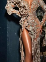 Elegant Slim Evening Dress Sexy V-neck Sequin Sprinkled With Gold Prom Gown Luxury High Split See-through Sleeve Banquet Dress - Image 4