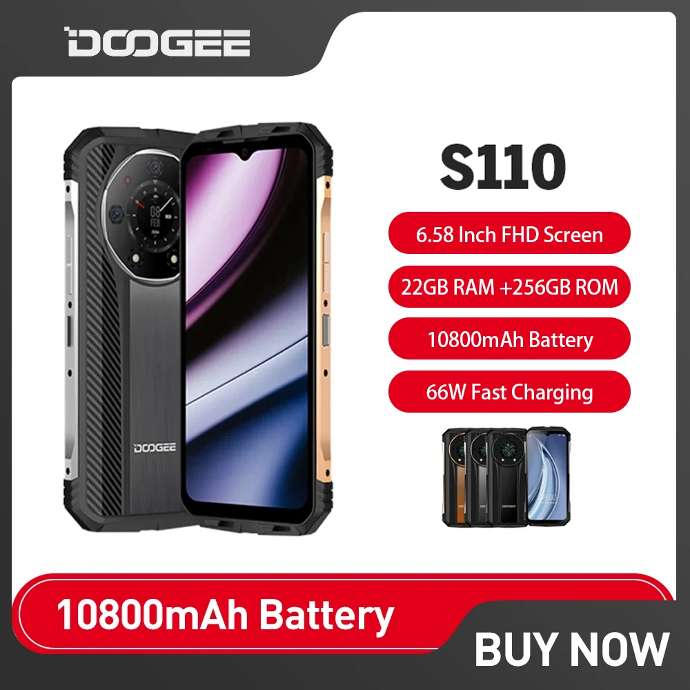 DOOGEE S110 Rugged Phone 10800mAh 6.58 FHD Waterdrop Screen 22GB+256GB Smartphone Android 13 66W Fast Charging Cell Phone NFC