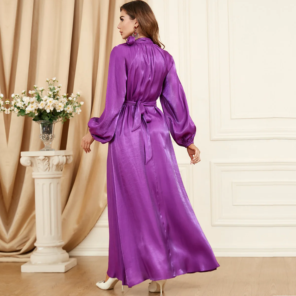 Modest Muslim Moroccan Jalabiya Dubai Arab Oman Maxi Dress for Women Brief Solid Bow Stand Collar Lantern Sleeve Robe 2024