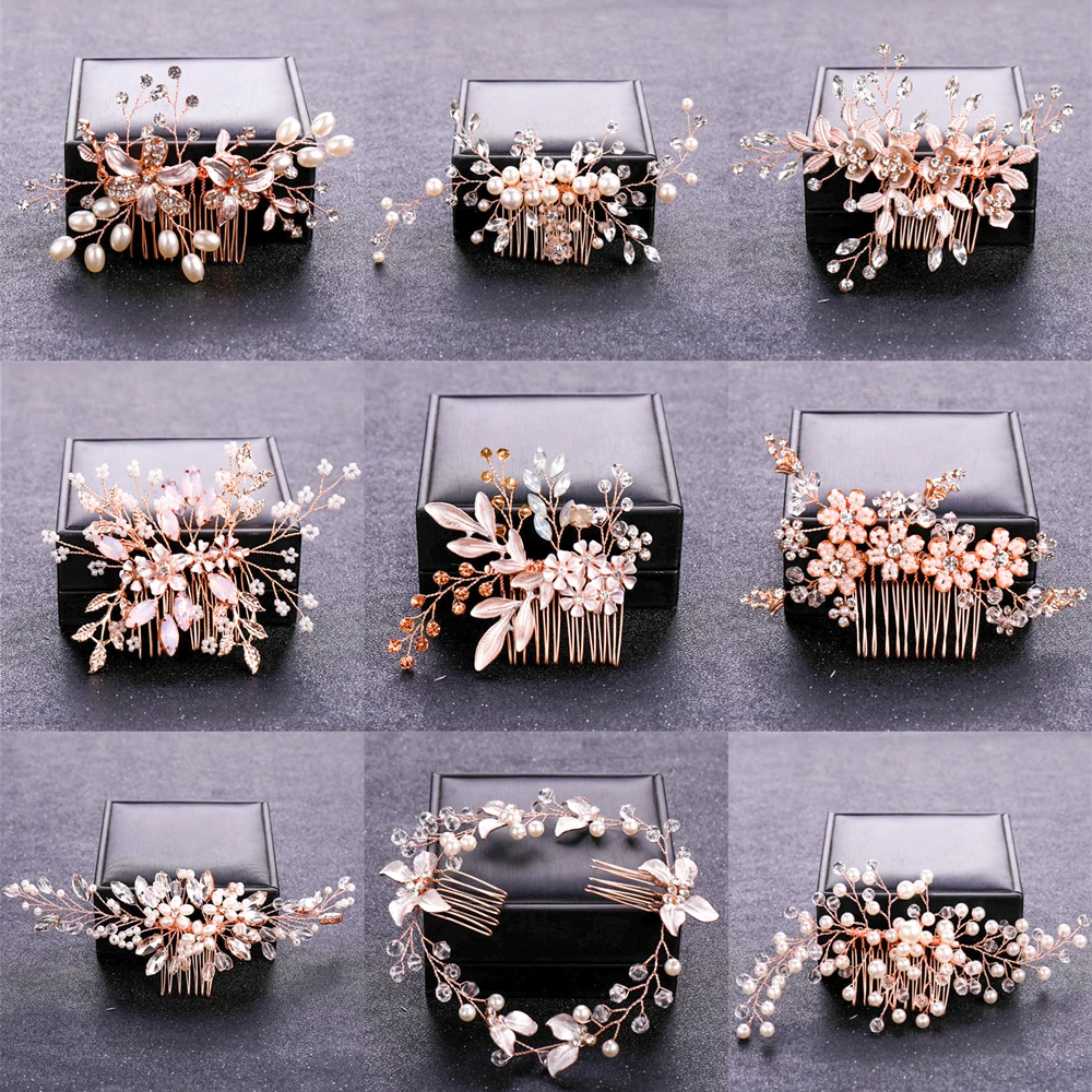Rose Gold Crystal Pearl Flower Hair Comb