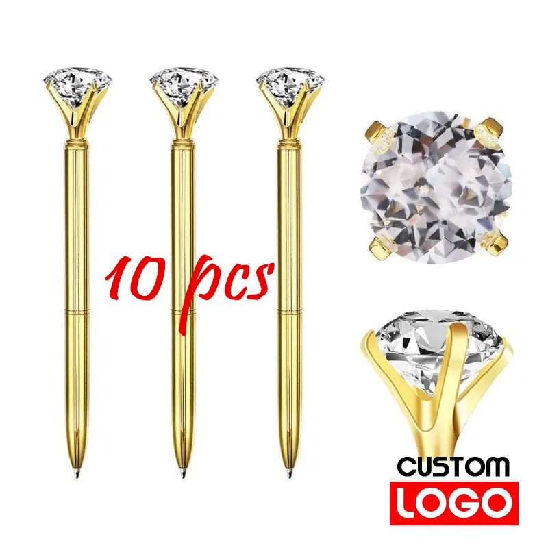 10pcs/batch of Large Crystal Diamond Metal Ballpoint Pen Custom Logo Engraving Text Ring Wedding Office Gift Black Blue Ink