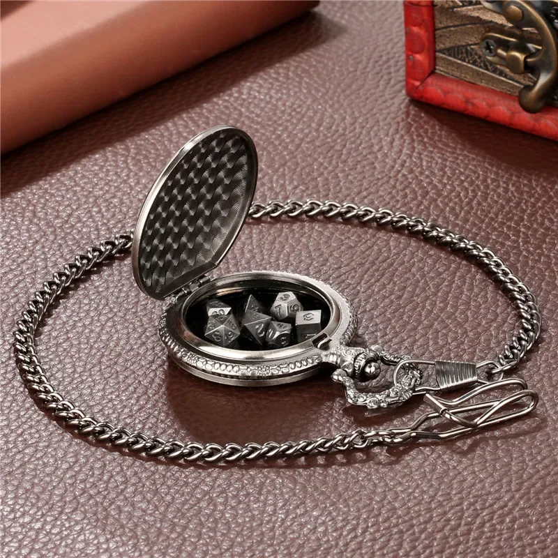 Novel 7 X Metal Polyhedral Dice Set Table Role Play Gaming Accessory Double Draogn Axe Pendant Pocket Watch Case FOB Chain