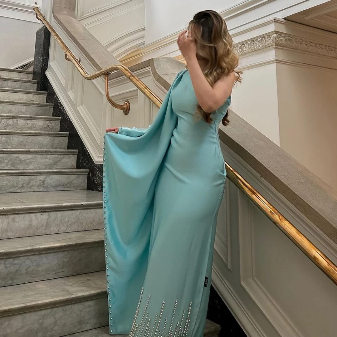 

POMUSE One Shoulder Saudi Arabia Women Evening Dress Robe Vestidos Prom Dresses Long Sleeve Beaded Sheath Birthday Party Evening