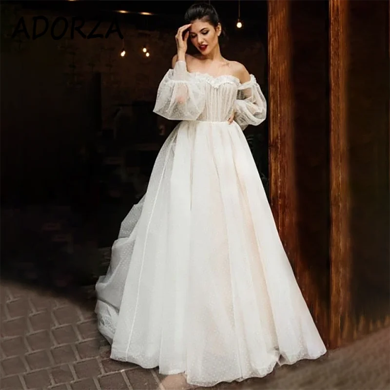 

ADORZA Wedding Dress Ruffles Off-the-shoulder Bridal Gown Sweetheart Long Puffy Sleeves Court Train Vestido De Noiva for Bride