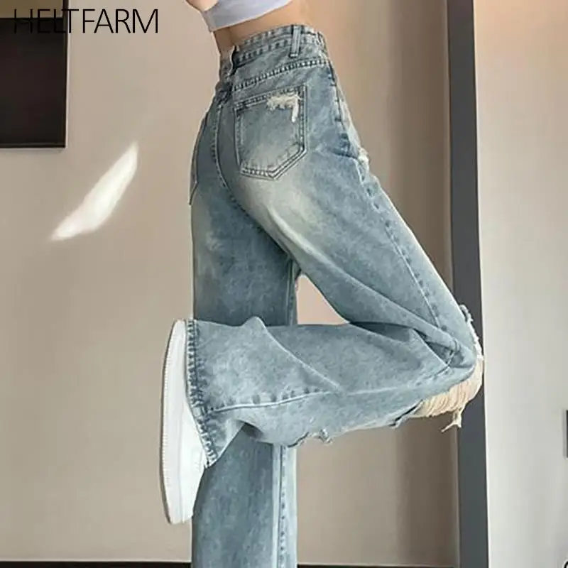 

Women Hole Jeans High Waist Ripped Baggy Wide Leg Trousers Vintage Y2K Harajuku Hip Hop Streetwear Loose Denim Pants