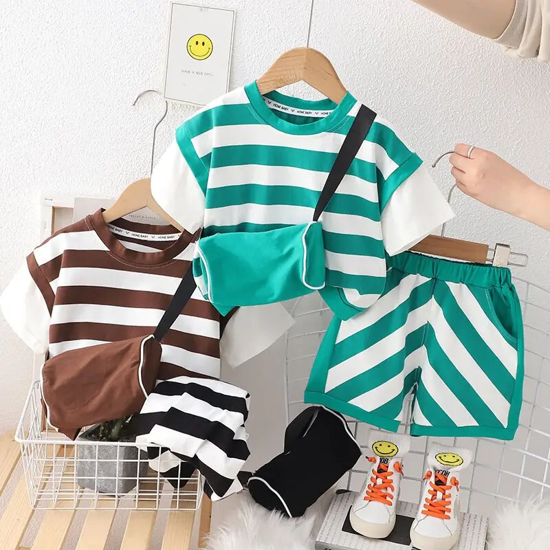 

Baby Boys Clothes Sets Summer Children Striped Short Sleeve T-Shirt Shorts Bag 3Pcs Suit Toddler Casual Outfits Kids Sportswear
