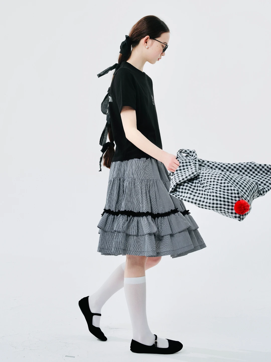 IMAKOKONI original design lace stitching plaid pleated elastic waist skirt for women 244575