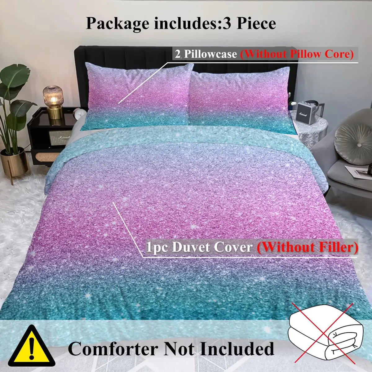 Trendy Pastel Glitter Duvet Cover Set - Turquoise, & 3-Piece Queen Bedding for girls 3