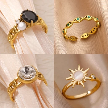 Geometric Round Zircon Rings for Women Stainless Steel Gold Color Lock Chain Ring Aesthetic Wedding Jewelry Gift for Valentine's