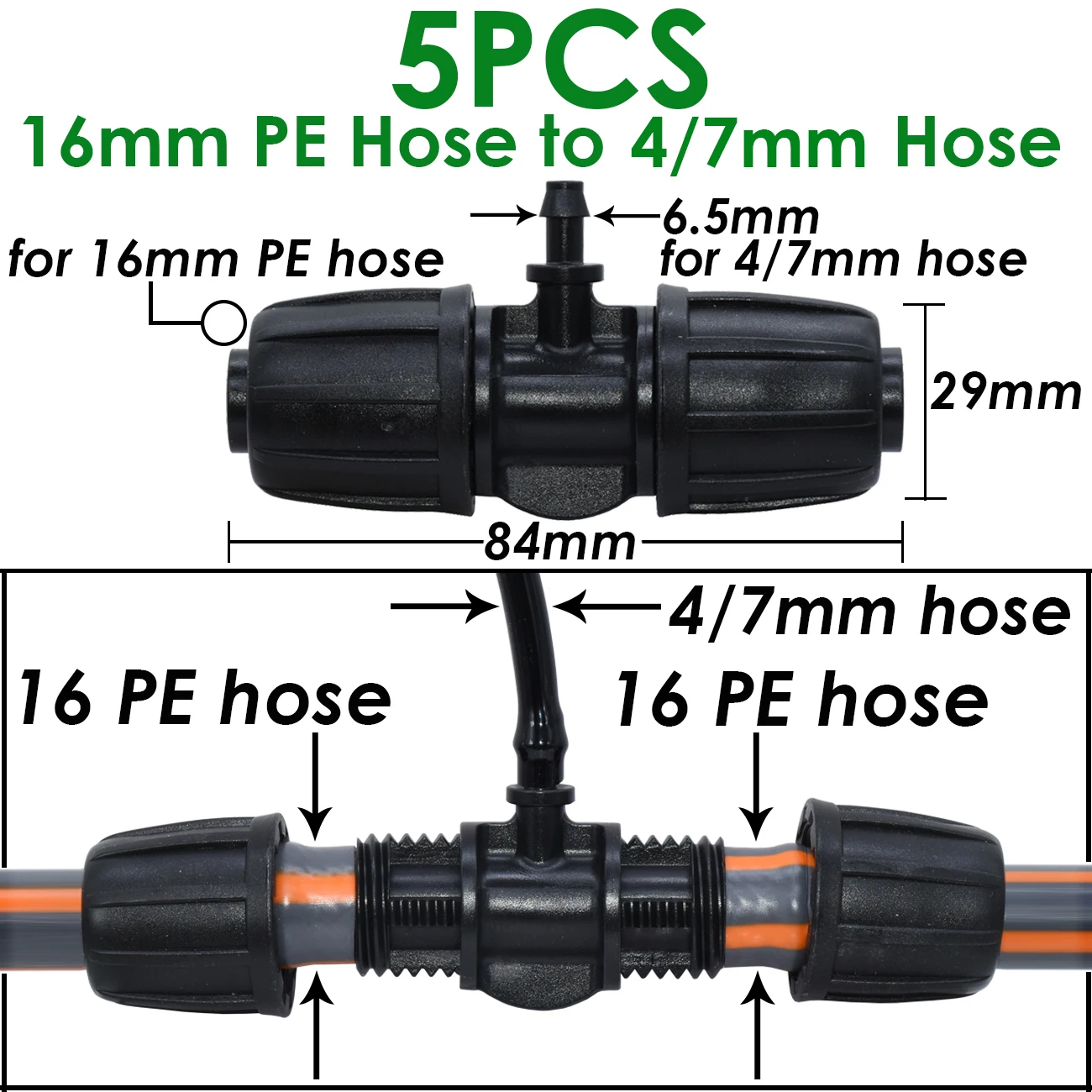 1/2" PE Pipe Connector Splitter Tee Coupling 5pcs for Garden Watering Drip Irrigation