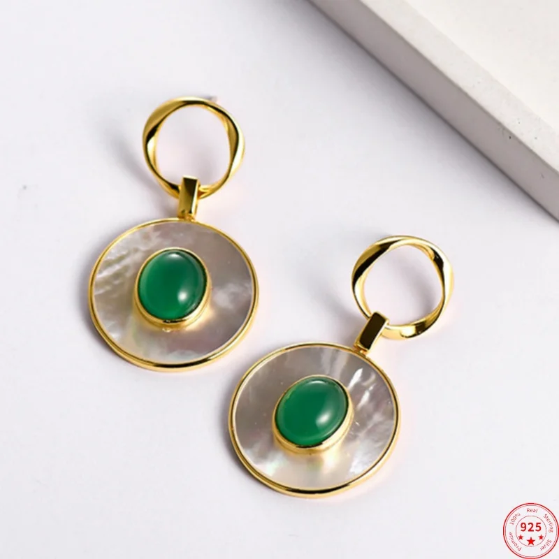 

S925 Sterling Silver Charms Studs Earrings for Women Contrast Colored Round White Shells Green Agate Ear Studs Free Shipping