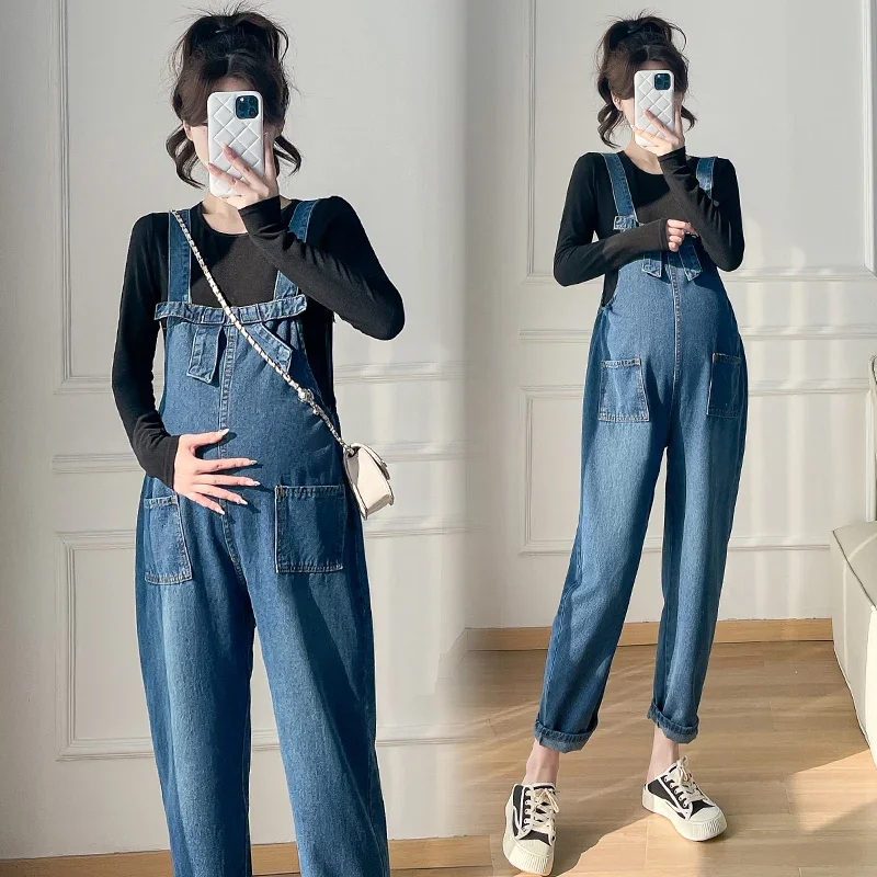 pregnant women's denim clothes sets black long sleeve T-shirt jumpsuits two-piece set vintage maternity jeans suits