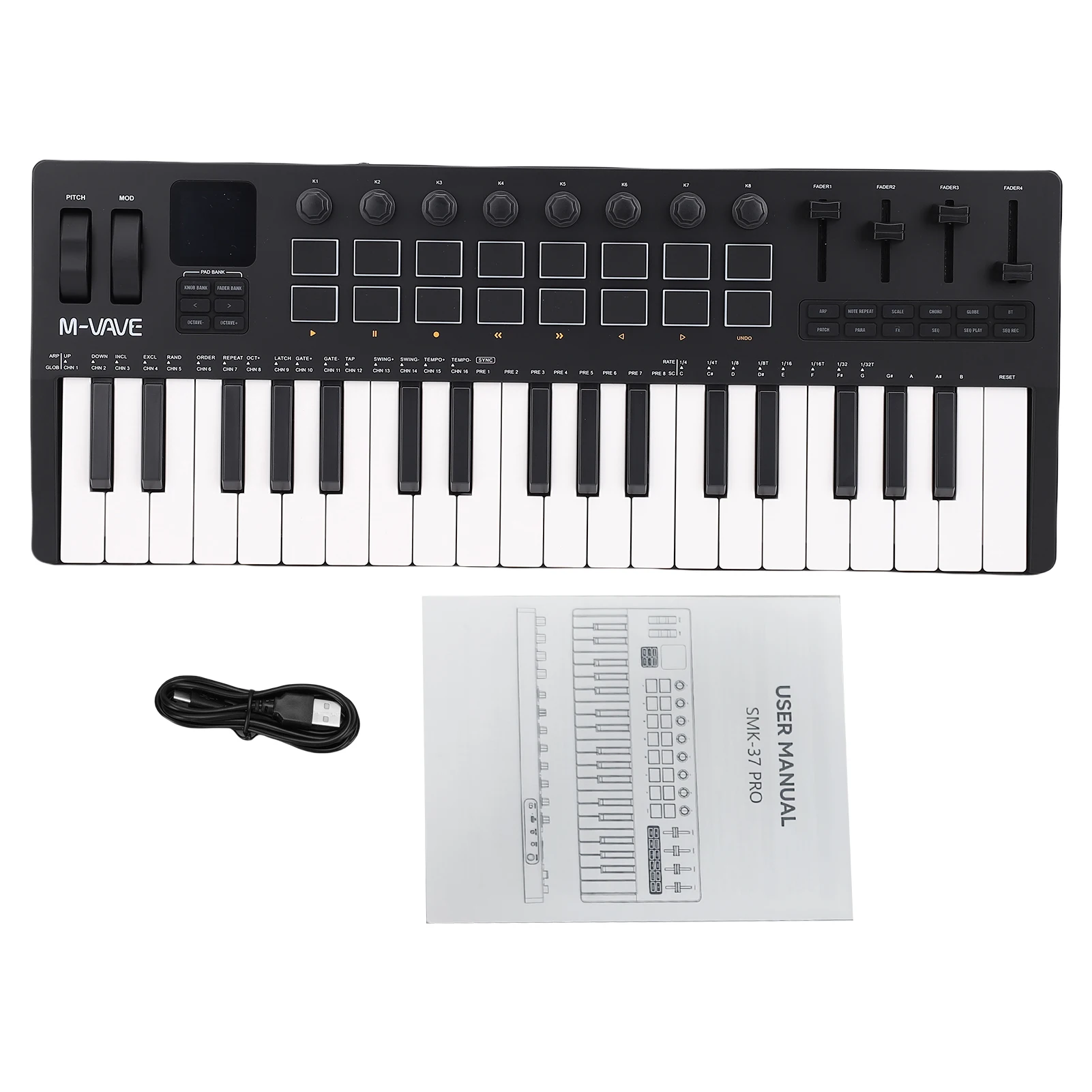37 Keys MIDI Keyboard with 16 RGB Pads BT Wireless Built-in Sound 8 Knobs 4 Faders Portable Music Production for Studio Live