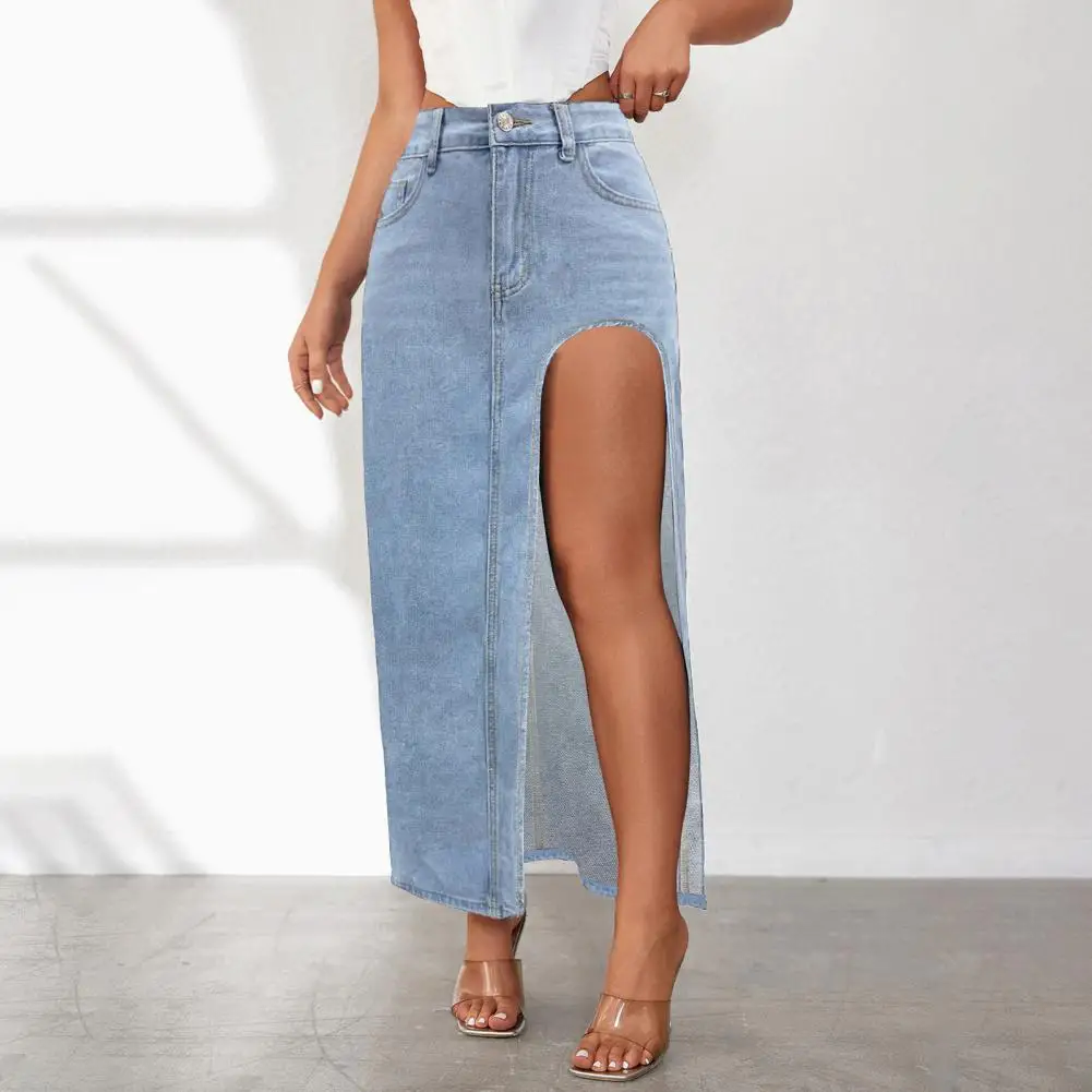 

Women Long Skirt Denim Maxi Skirt with High Waist Side Slit Design Solid Color Washed Long Skirt with Pockets Button for Women