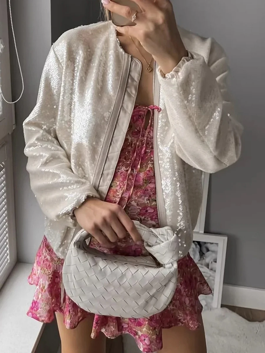 

Женская куртка на молнии с круглым вырезом, длинным рукавом и блестками