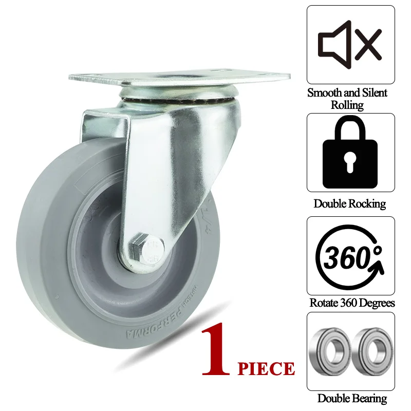 Heavy Duty Plate Caster Wheels 3/4/5 Inch Tpr Soft Rubber Swivel No Noise For Furniture Accessory Trolley With Brake Market Cart