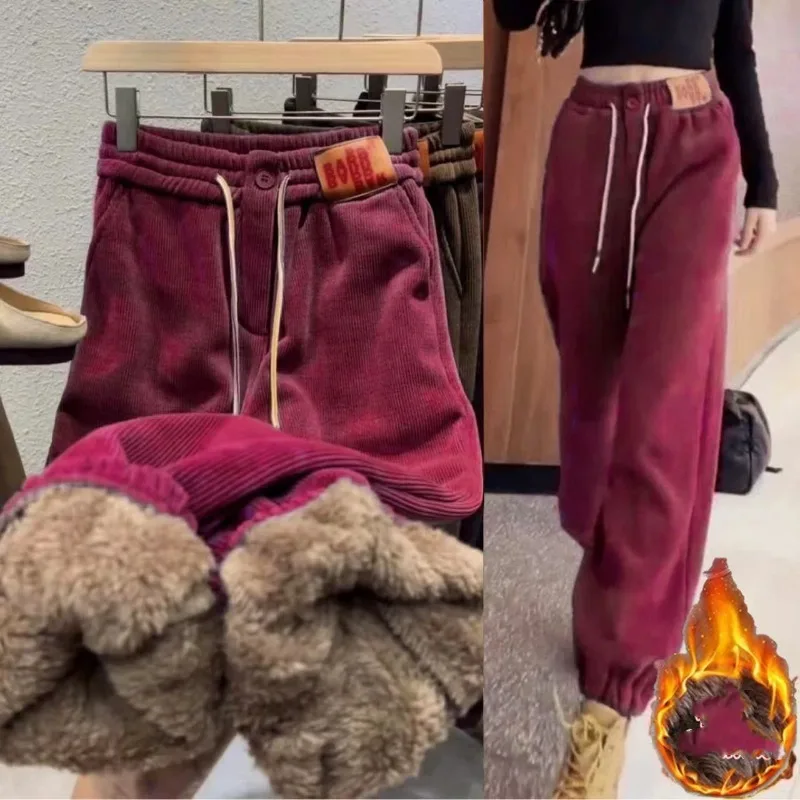 Women's Solid Color Elastic Waist Drawstring Button Lamb Fleece High Waist Autumn and Winter Loose Fashion Thicken Harlan Pants