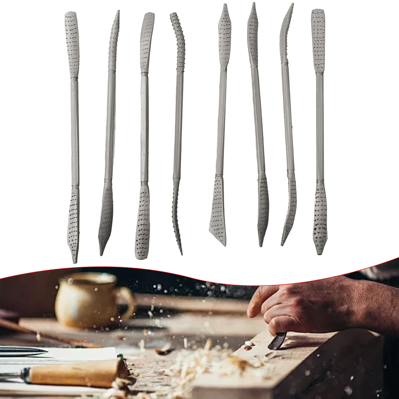 거친 리플러 파일, 곡선 양면 수공구, 전문 나무 걸레 파일 세트, 목공 조각, 190mm, 8 개