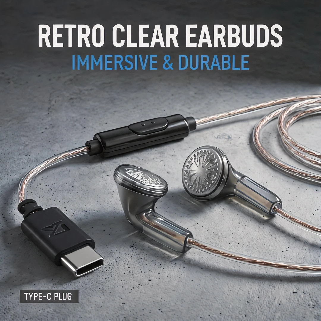 Retro-Style Type-C Wired Earbuds with Braided Cable and Built-In Microphone