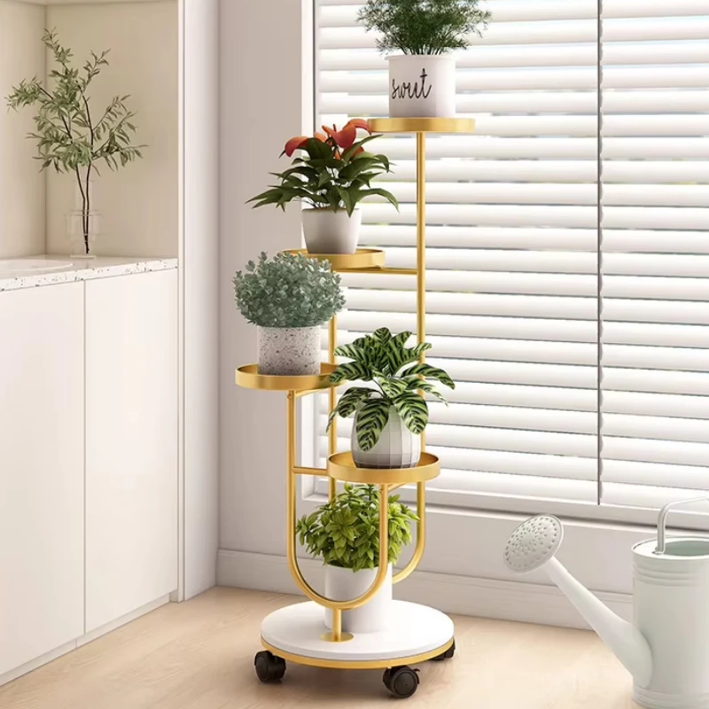 High-End Steel Plant Stand with Rock Slabs Base Multi-Tier Flower Shelf Plant Holder Stylish Succulent Display Rack with Wheels