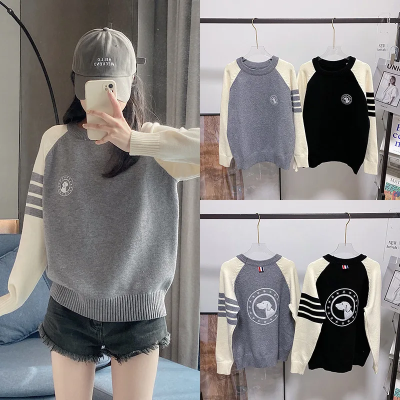 

High Quality Korean Style Puppy Embroidered Wool Sweater Top 2023 New TB Four-bar Contrast Color Round Neck Loose Pullover Woman