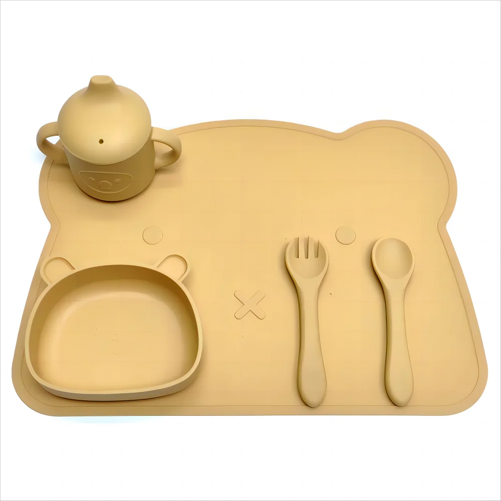 5pcs Children's tableware set silicone baby complementary bowl fork spoon bib five pieces baby one compartment dinner plate