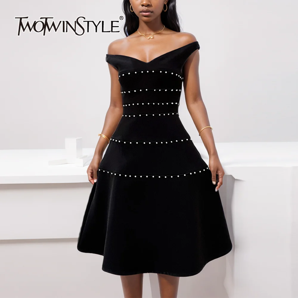 

TWOTWINSTYLE Solid Formal Spliced Pearls Dress For Women Slash Neck Sleeveless High Waist Elegant Dresses Female New KDR507294