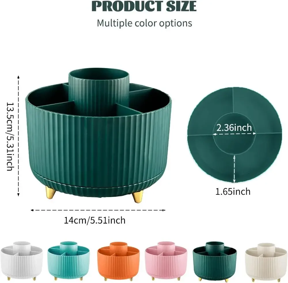 1pc 360°Rotating Makeup Organizer Storage Elegant Stripe Makeup Brushes Holder 5-Compartment Cosmetic Holder for Vanity Bathroom 6