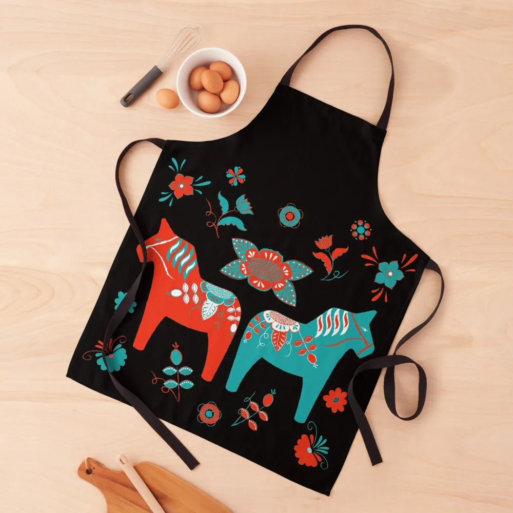

Folk Art - Swedish Dala Horses - Red Turquiose Apron Women Kitchen manicurist kitchen jacket woman Manicurists Apron