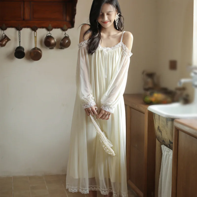 

Vintage Nightgowns Princess Long Sleepwear Ruffles Night Dress Lolita Home Wear Sweet Retro Mesh Temptation Korean Nightdress